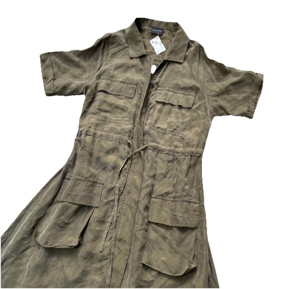 Miou Muse Women's Olive Green Cargo Maxi Dress Zip Front Collard Size Medium - Picture 6 of 13